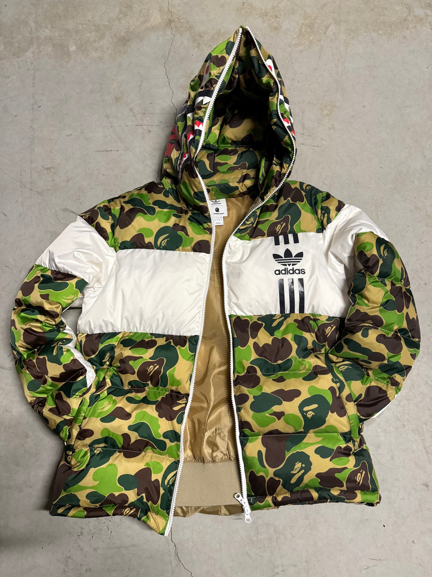 ADIDAS x BAPE ABC CAMO FIREBIRD SHARKFULL-ZIP PUFFER (PREOWNED)